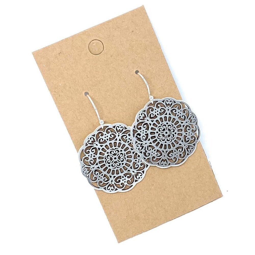 Filigree Floral Medallion on Sterling Silver Dangle Earrings Women Handmade Boho